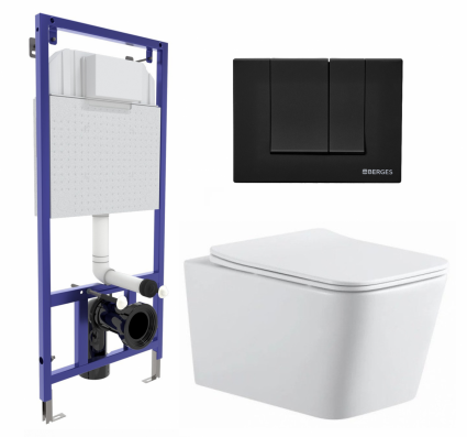Комплект 3 в 1 инсталляция Berges Wasserhaus Novum 040245 + Подвесной унитаз SinteSi BALTI + кнопка черная