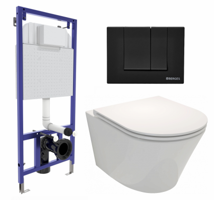 Комплект 3 в 1 инсталляция Berges Wasserhaus Novum 040245 + Унитаз подвесной Jacob Delafon Rodin+ EDY102-00 + кнопка черная