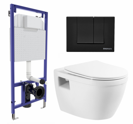 Комплект 3 в 1 инсталляция Berges Wasserhaus Novum 040245 + Унитаз подвесной BelBagno Loto BB070CHR/SC + кнопка черная