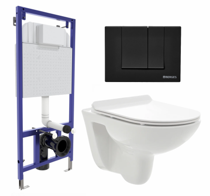 Комплект 3 в 1 инсталляция Berges Wasserhaus Novum 040245 + Унитаз подвесной AQUAme AQM2008 + кнопка черная
