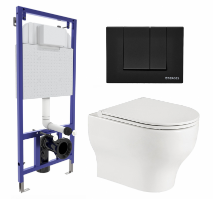 Комплект 3 в 1 инсталляция Berges Wasserhaus Novum 040245 + Подвесной унитаз WeltWasser Erlenbach 004 GL-WT + кнопка черная
