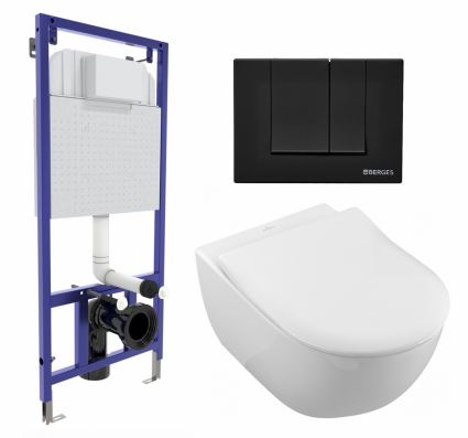 Комплект 3 в 1 инсталляция Berges Wasserhaus Novum 040245 + Унитаз подвесной Villeroy & Boch Subway 2.0 5614R201 + кнопка черная