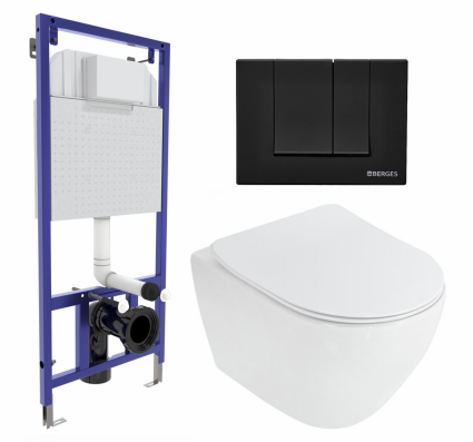 Комплект 3 в 1 инсталляция Berges Wasserhaus Novum 040245 + Унитаз подвесной Cezares Stylus CZR-513-TH-R + кнопка черная