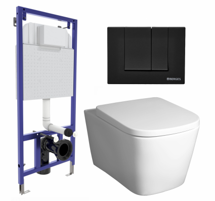 Комплект 3 в 1 инсталляция Berges Wasserhaus Novum 040245 + Унитаз подвесной BelBagno Albano BB120CHR + кнопка черная