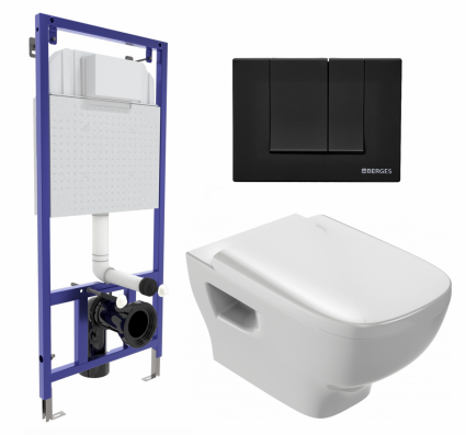 Комплект 3 в 1 инсталляция Berges Wasserhaus Novum 040245 + Унитаз подвесной Jacob Delafon Struktura EDE102-00 + кнопка черная