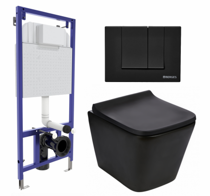 Комплект 3 в 1 инсталляция Berges Wasserhaus Novum 040245 + Подвесной унитаз WeltWasser Gelbach 043 MT-BL + кнопка черная