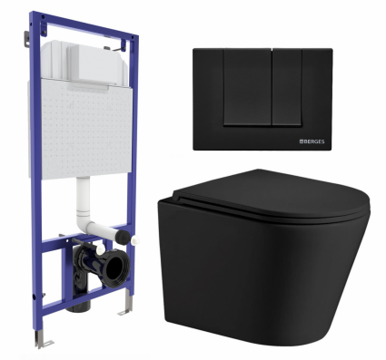 Комплект 3 в 1 инсталляция Berges Wasserhaus Novum 040245 + Подвесной унитаз WeltWasser Salzbach 043 MT-BL + кнопка черная