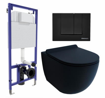 Комплект 3 в 1 инсталляция Berges Wasserhaus Novum 040245 +  Унитаз подвесной Esbano Garcia + кнопка черная