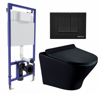 Комплект 3 в 1 инсталляция Berges Wasserhaus Novum 040245 + Унитаз подвесной Esbano Aster ESUPASTEBM + кнопка черная