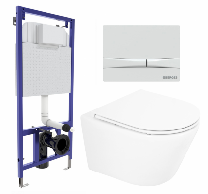 Комплект 3 в 1 инсталляция Berges Wasserhaus Novum 040250 + Унитаз подвесной BelBagno Tre BB8001CHR/SC + кнопка белая