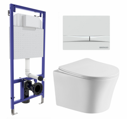 Комплект 3 в 1 инсталляция Berges Wasserhaus Novum 040250 + Подвесной унитаз CeruttiSpa Adige Aria CT7837 + кнопка белая