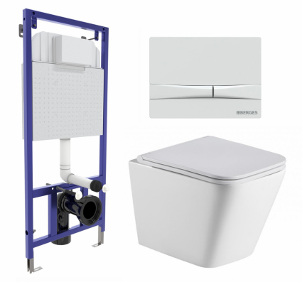 Комплект 3 в 1 инсталляция Berges Wasserhaus Novum 040250 + Подвесной унитаз WeltWasser Gelbach 043 GL-WT + кнопка белая