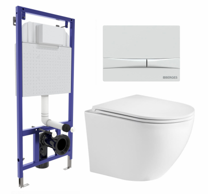 Комплект 3 в 1 инсталляция Berges Wasserhaus Novum 040250 + Подвесной унитаз WeltWasser Merzbach 043 GL-WT + кнопка белая