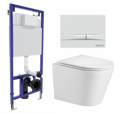 Комплект 3 в 1 инсталляция Berges Wasserhaus Novum 040250 + Подвесной унитаз WeltWasser Salzbach 043 GL-WT + кнопка белая