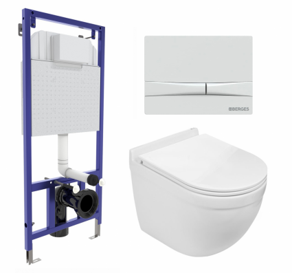 Комплект 3 в 1 инсталляция Berges Wasserhaus Novum 040250 + Подвесной унитаз WeltWasser Heimbach 043 GL-WT + кнопка белая