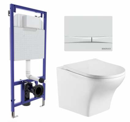 Комплект 3 в 1 инсталляция Berges Wasserhaus Novum 040250 + Подвесной унитаз WeltWasser Odenbach 004 GL-WT + кнопка белая
