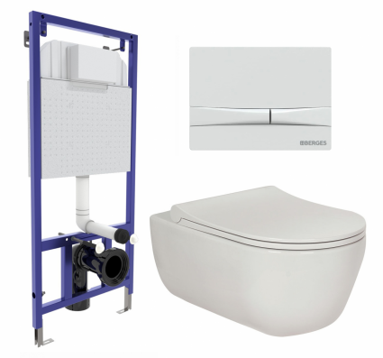 Комплект 3 в 1 инсталляция Berges Wasserhaus Novum 040250 + Унитаз подвесной Berges Wasserhaus Ego XL 082118 + кнопка белая