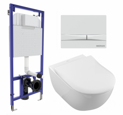 Комплект 3 в 1 инсталляция Berges Wasserhaus Novum 040250 + Унитаз подвесной Villeroy & Boch Subway 2.0 5614R201 + кнопка белая
