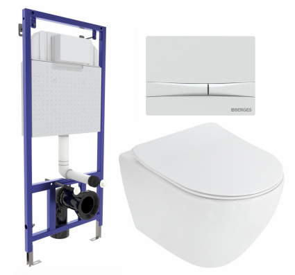 Комплект 3 в 1 инсталляция Berges Wasserhaus Novum 040250 + Унитаз подвесной Cezares Stylus CZR-513-TH-R + кнопка белая