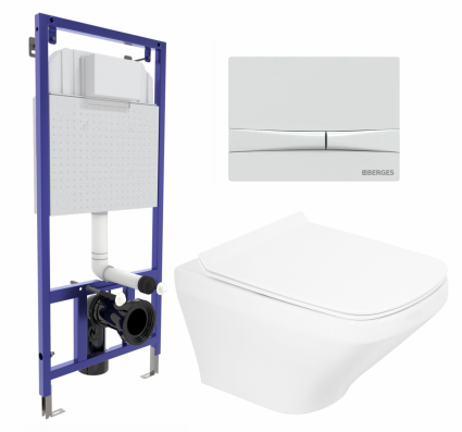 Комплект 3 в 1 инсталляция Berges Wasserhaus Novum 040250 + Унитаз подвесной BelBagno Sela BB3201CHR + кнопка белая