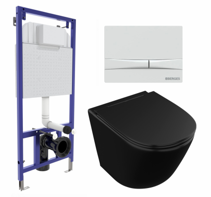 Комплект 3 в 1 инсталляция Berges Wasserhaus Novum 040250 + Унитаз подвесной Owl 1975 Vind Cirkel-H Matt Black OWLT190305 + кнопка белая