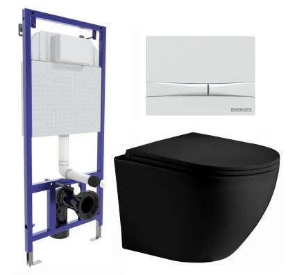 Комплект 3 в 1 инсталляция Berges Wasserhaus Novum 040250 + Унитаз подвесной Weltwasser WW Merzbach 043 MT-BL + кнопка белая