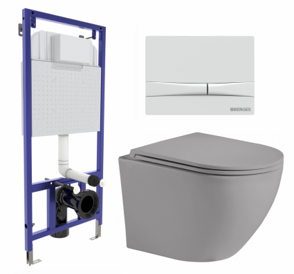 Комплект 3 в 1 инсталляция Berges Wasserhaus Novum 040250 + Унитаз подвесной Weltwasser WW Merzbach 043 MT-GR + кнопка белая