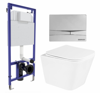 Комплект 3 в 1 инсталляция Berges Wasserhaus Novum 040253 + Унитаз подвесной BelBagno Due BB3103CHR/SC + кнопка хром