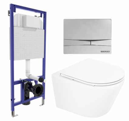 Комплект 3 в 1 инсталляция Berges Wasserhaus Novum 040253 + Унитаз подвесной BelBagno Tre BB8001CHR/SC + кнопка хром