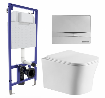 Комплект 3 в 1 инсталляция Berges Wasserhaus Novum 040253 + Подвесной унитаз CeruttiSpa Marmolada aria CT7778 + кнопка хром