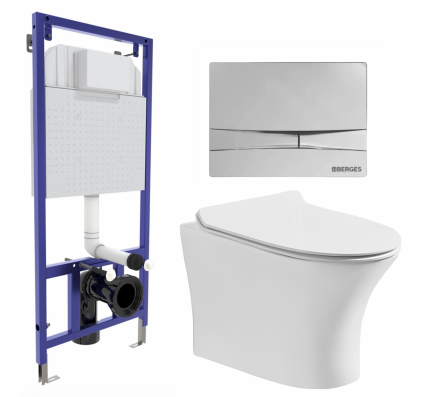 Комплект 3 в 1 инсталляция Berges Wasserhaus Novum 040253 + Подвесной безободковый унитаз CeruttiSpa Bernina aria CT7191 + кнопка хром