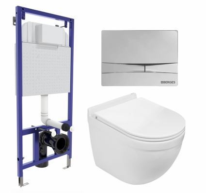 Комплект 3 в 1 инсталляция Berges Wasserhaus Novum 040253 + Подвесной унитаз WeltWasser Heimbach 043 GL-WT + кнопка хром
