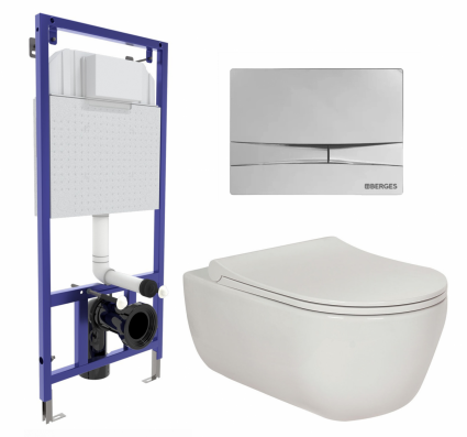 Комплект 3 в 1 инсталляция Berges Wasserhaus Novum 040253 + Унитаз подвесной Berges Wasserhaus Ego XL 082118 + кнопка хром
