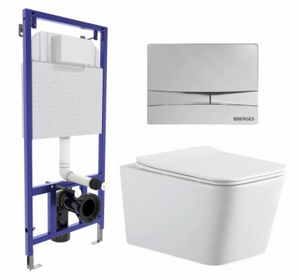 Комплект 3 в 1 инсталляция Berges Wasserhaus Novum 040253 + Подвесной унитаз SinteSi BALTI + кнопка хром