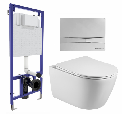 Комплект 3 в 1 инсталляция Berges Wasserhaus Novum 040253 + Унитаз подвесной Акватек Вега AQ1905-00 + кнопка хром