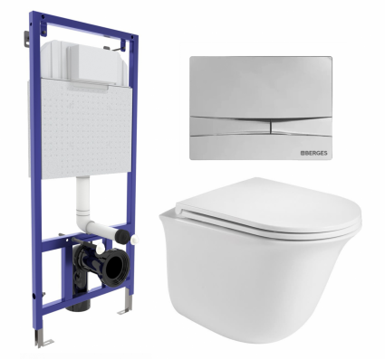 Комплект 3 в 1 инсталляция Berges Wasserhaus Novum 040253 + Подвесной унитаз WeltWasser Telbach 004 GL-WT + кнопка хром