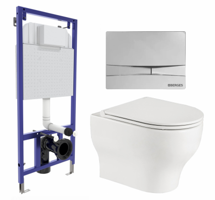 Комплект 3 в 1 инсталляция Berges Wasserhaus Novum 040253 + Подвесной унитаз WeltWasser Erlenbach 004 GL-WT + кнопка хром