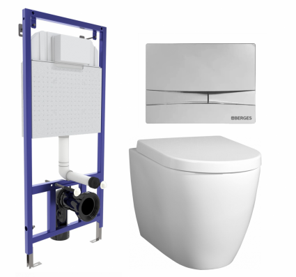 Комплект 3 в 1 инсталляция Berges Wasserhaus Novum 040253 + Унитаз подвесной BelBagno Marino + кнопка хром