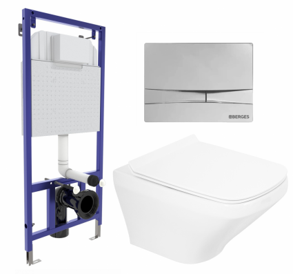 Комплект 3 в 1 инсталляция Berges Wasserhaus Novum 040253 + Унитаз подвесной BelBagno Sela BB3201CHR + кнопка хром