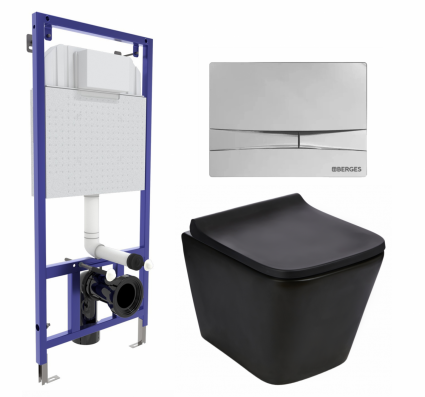 Комплект 3 в 1 инсталляция Berges Wasserhaus Novum 040253 + Подвесной унитаз WeltWasser Gelbach 043 MT-BL + кнопка хром