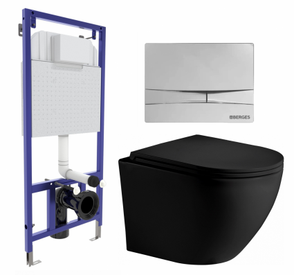 Комплект 3 в 1 инсталляция Berges Wasserhaus Novum 040253 + Унитаз подвесной Weltwasser WW Merzbach 043 MT-BL + кнопка хром