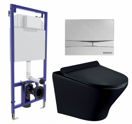 Комплект 3 в 1 инсталляция Berges Wasserhaus Novum 040253 + Унитаз подвесной Esbano Aster ESUPASTEBM + кнопка хром