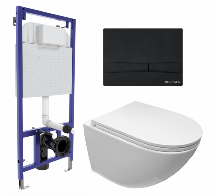 Комплект 3 в 1 инсталляция Berges Wasserhaus Novum 040255 + Подвесной безободковый унитаз CeruttiSpa Sella aria CT7183 + кнопка черная