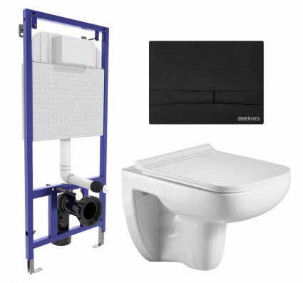 Комплект 3 в 1 инсталляция Berges Wasserhaus Novum 040255 + Подвесной унитаз WeltWasser Kehlbach 004 GL-WT + кнопка черная