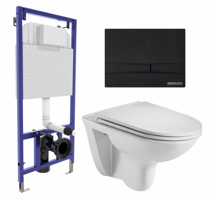 Комплект 3 в 1 инсталляция Berges Wasserhaus Novum 040255 + Подвесной унитаз WeltWasser Baarbach 004 GL-WT + кнопка черная