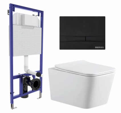 Комплект 3 в 1 инсталляция Berges Wasserhaus Novum 040255 + Подвесной унитаз SinteSi BALTI + кнопка черная