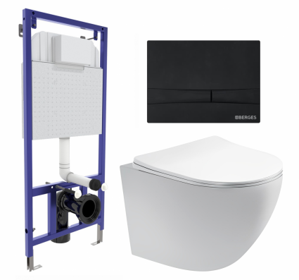 Комплект 3 в 1 инсталляция Berges Wasserhaus Novum 040255 + Унитаз подвесной Акватек Европа AQ1900-00 + кнопка черная