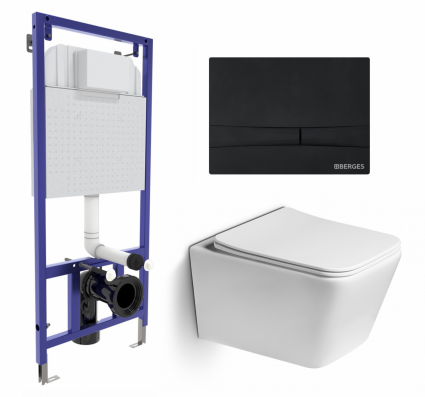 Комплект 3 в 1 инсталляция Berges Wasserhaus Novum 040255 + Унитаз подвесной SantiLine SL-5007 + кнопка черная