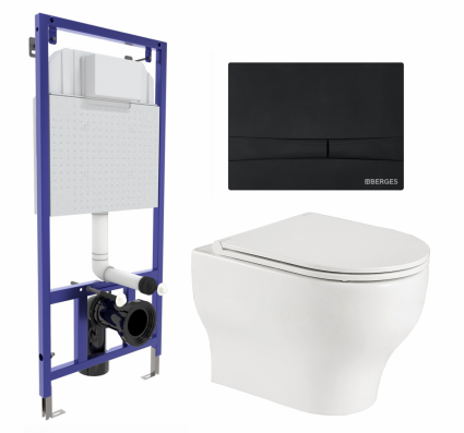 Комплект 3 в 1 инсталляция Berges Wasserhaus Novum 040255 + Подвесной унитаз WeltWasser Erlenbach 004 GL-WT + кнопка черная