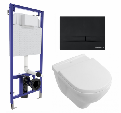 Комплект 3 в 1 инсталляция Berges Wasserhaus Novum 040255 + Унитаз подвесной Villeroy & Boch O Novo Directflush + кнопка черная